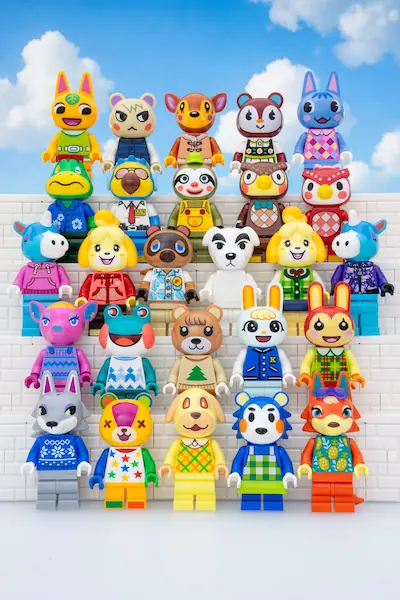 A large collection of LEGO Animal Crossing minifigures is arranged in five rows on white stepped platforms, featuring colorful animal villagers including cats, bears, deer, rabbits, dogs, birds, and other familiar characters against a bright blue sky.