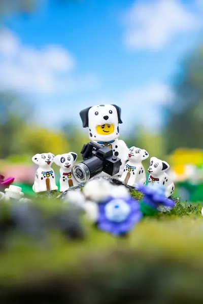 LEGO City National Dog Photography Day scene with a dog and its owner.