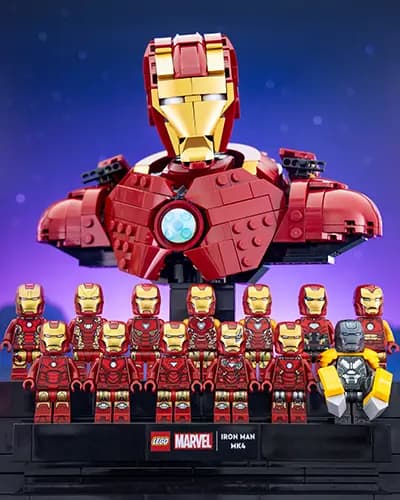 LEGO Iron Man bust with full minifig suit lineup in front
