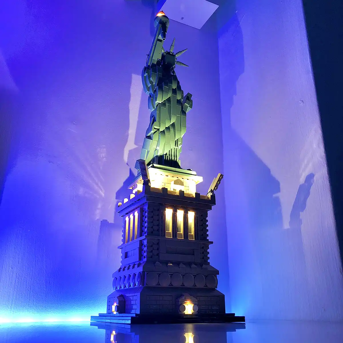 LEGO Statue of Liberty lit up with LEGO light kit integrated.