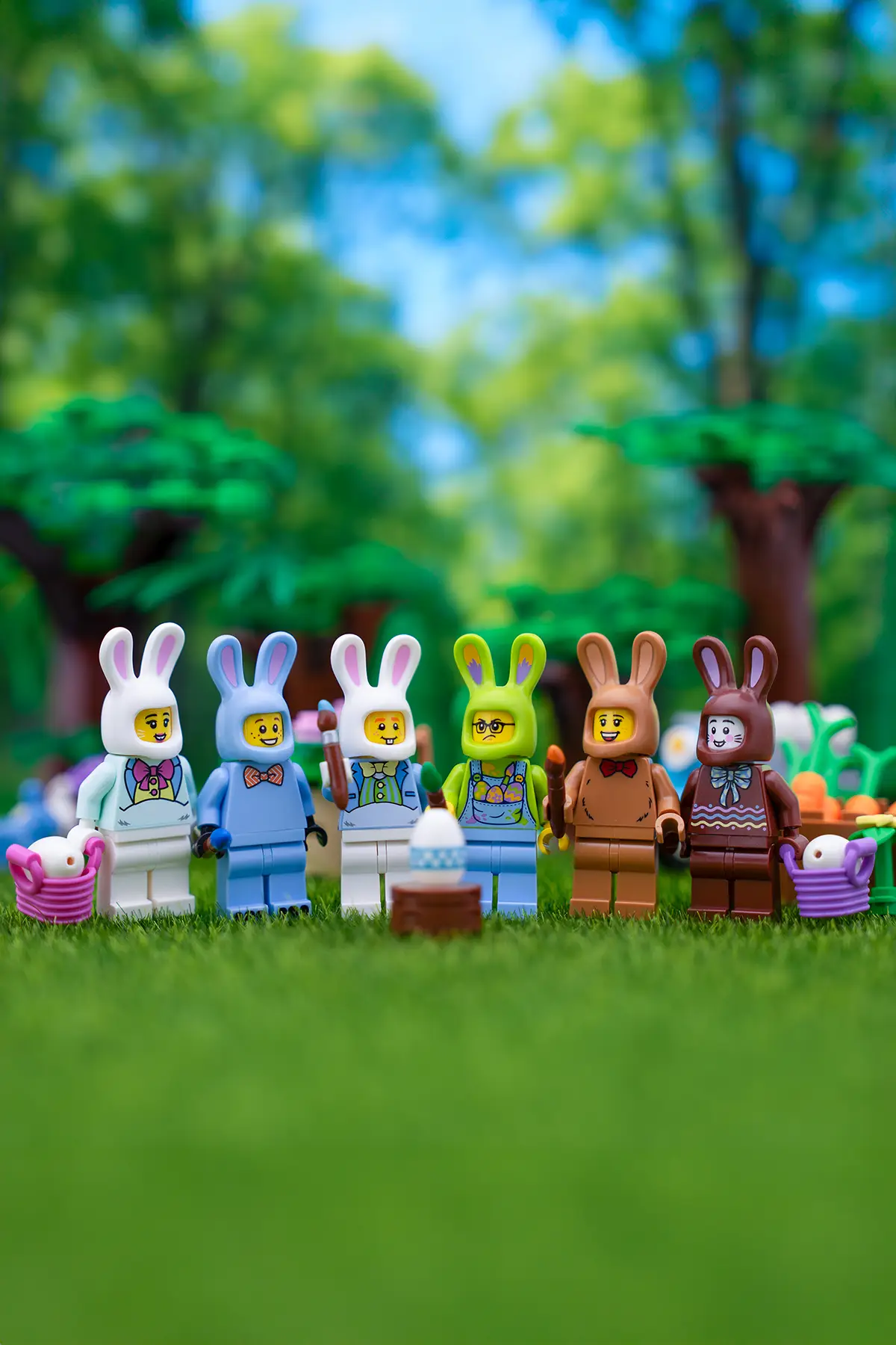 LEGO minifigures in colorful bunny costumes gather around a decorated egg for Easter fun.