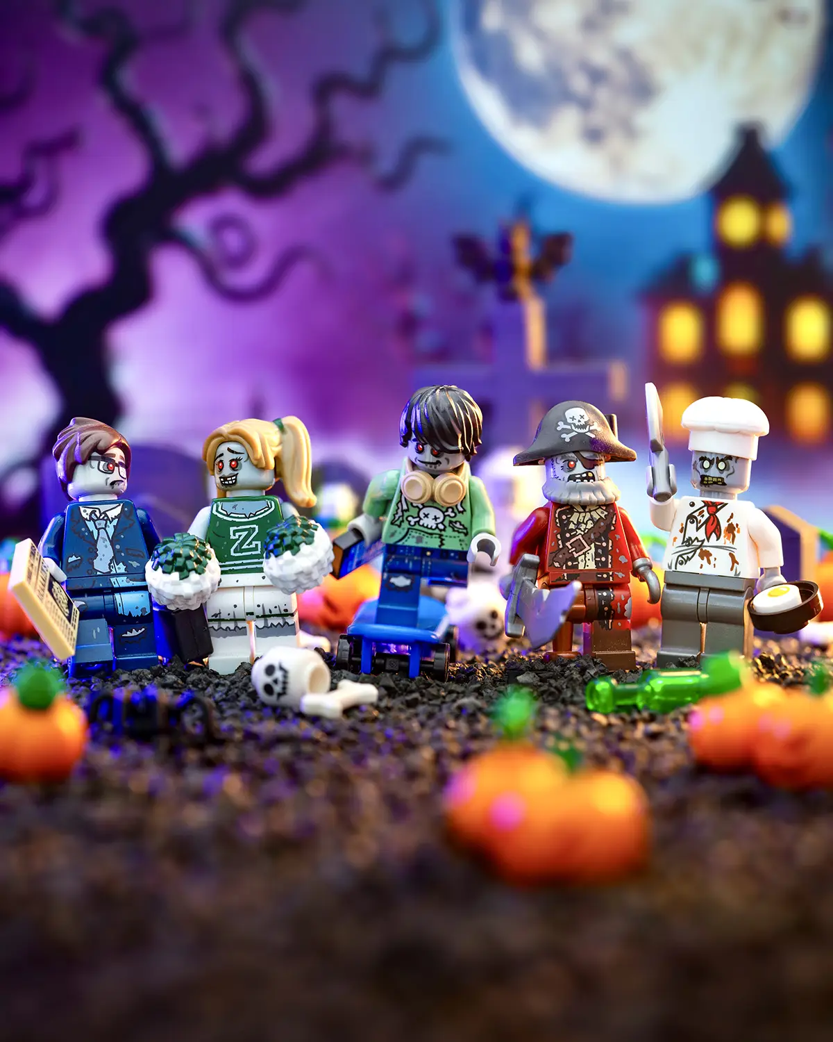 A group of LEGO zombie minifigures walk through a Halloween-themed graveyard with pumpkins, bones, and spooky lighting.