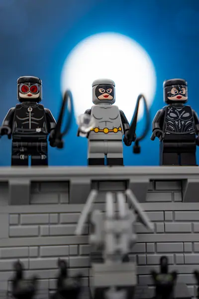 LEGO DC Catwoman in her cowl variant, standing on a gothic Gotham rooftop beneath a glowing full moon.