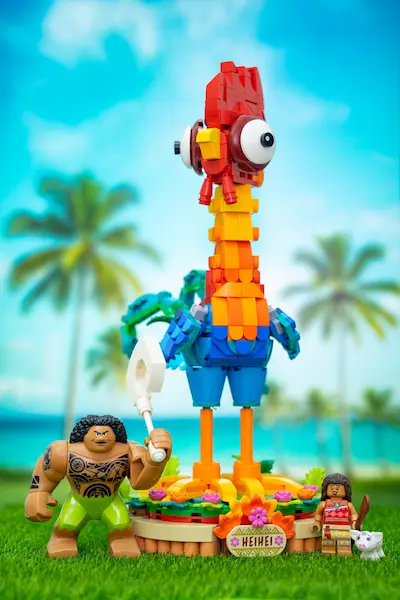 LEGO Disney Heihei from Moana standing on a tropical island scene.