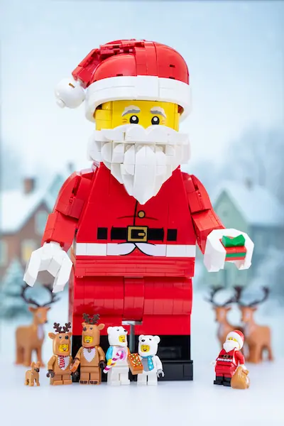 A large brick-built LEGO Santa holds a wrapped present in a snowy village scene, towering over smaller Santa, reindeer-costume, and polar-bear-costume minifigures gathered at his feet.