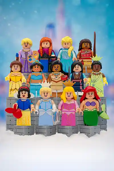 A magical group of LEGO Disney princess minifigures—including Snow White, Cinderella, Aurora, Ariel, Jasmine, Belle, Mulan, Tiana, Rapunzel, Moana, Anna, and Elsa—stand together in front of a sparkling castle backdrop, each holding a unique accessory that represents their story.