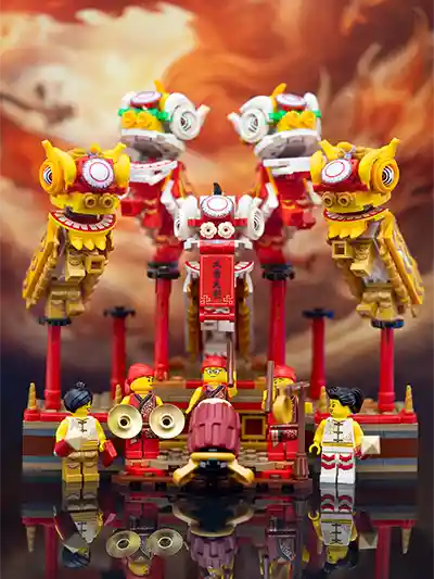 LEGO minifigures performing a traditional lion dance with five lion heads and musical instruments.