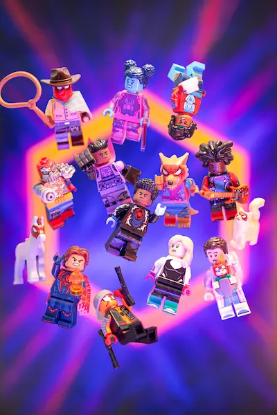 Group shot of LEGO Spider-Verse minifigures floating in a circle against a glowing purple and orange portal background.