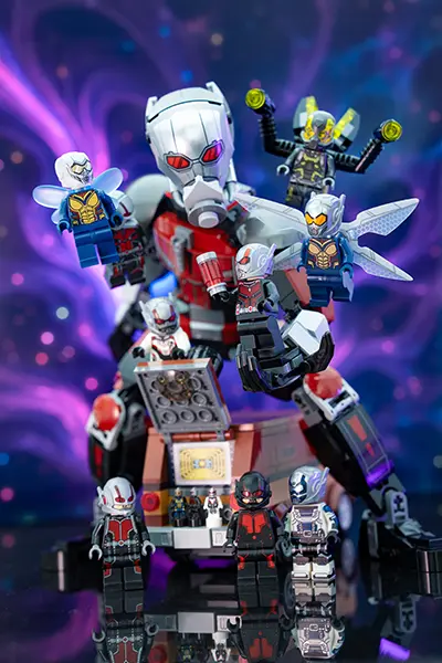 LEGO Ant-Man and Wasp minifigures posed with a large Ant-Man build in the Quantum Realm
