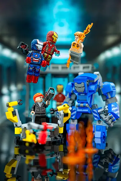 LEGO Iron Man and War Machine battle Aldrich Killian with Hall of Armor in background