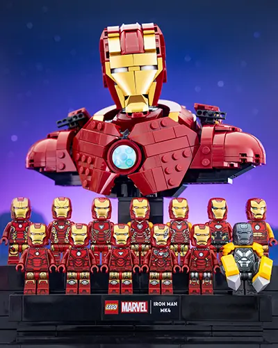 LEGO Iron Man bust with full minifig suit lineup in front