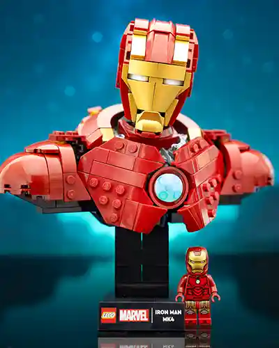 LEGO Iron Man Mk4 bust model displayed with a matching Iron Man minifigure, set against a glowing blue background.