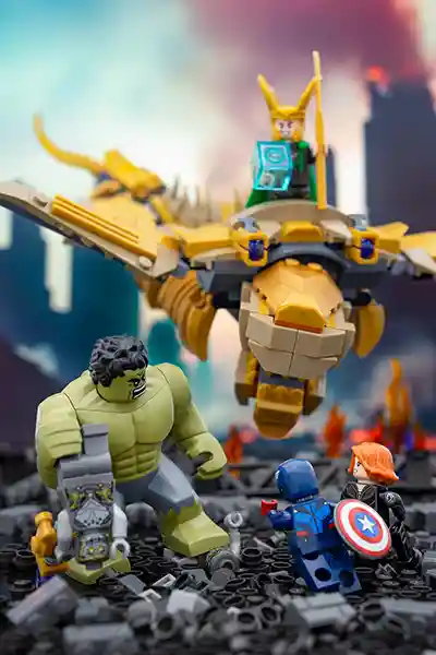LEGO Hulk, Captain America, and Black Widow face off against Loki atop a flying Leviathan from the Battle of New York.