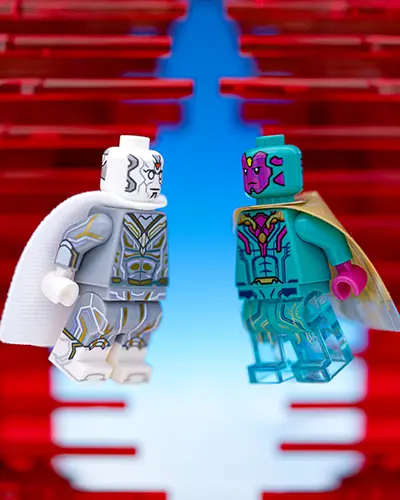 LEGO White Vision and Classic Vision face off in a symbolic standoff